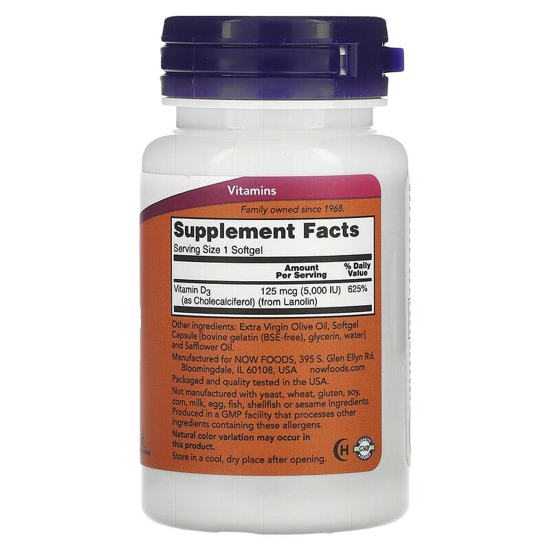 NOW Foods, Vitamin D-3, High Potency, 125 mcg (5,000 IU), 120 Softgels