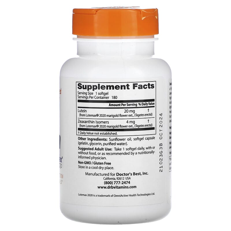 Doctor's Best, Lutein, Lutemax 2020, 20 mg, 180 Softgels
