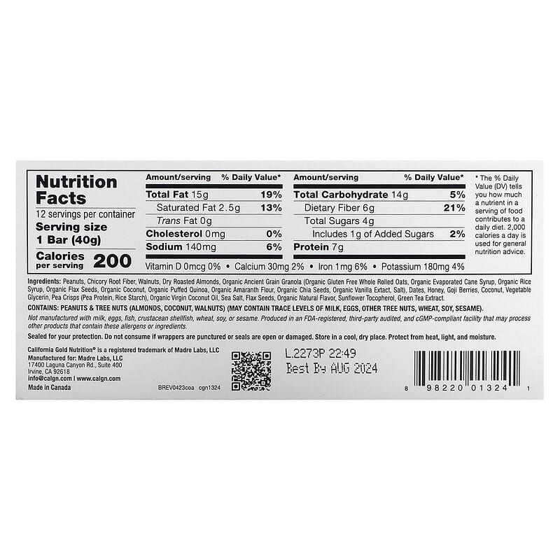 California Gold Nutrition, Foods, Coconut Almond Chewy Granola Bars, 12 Bars, 1.4 oz (40 g) Each
