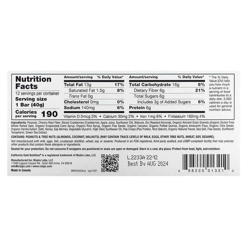 California Gold Nutrition, Foods, Cranberry &amp; Almond Chewy Granola Bars, 12 Bars, 1.4 oz (40 g) Each