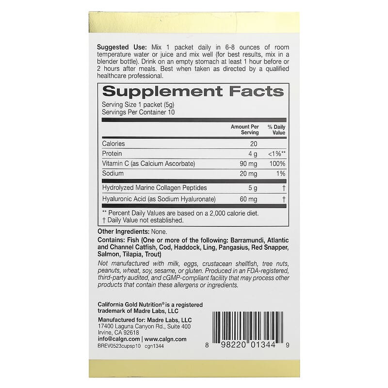 California Gold Nutrition, CollagenUP®, Hydrolyzed Marine Collagen Peptides with Hyaluronic Acid and Vitamin C, Unflavored, 10 Packets, 0.18 oz (5 g) Each