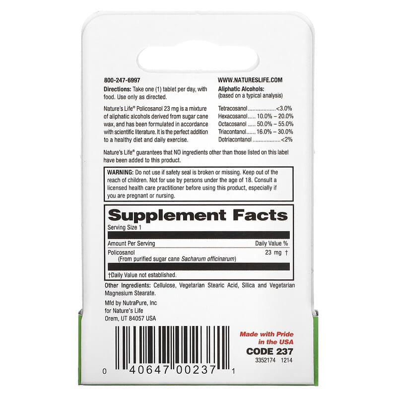 Nature's Life, Policosanol, 23 mg, 60 Mini-Tablets