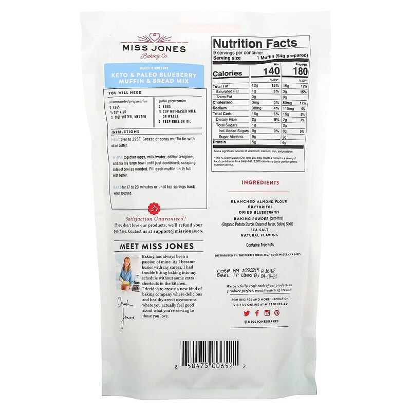 Miss Jones Baking Co, Almond Flour Bread &amp; Muffin Mix, Blueberry, 10.57 oz (300 g)