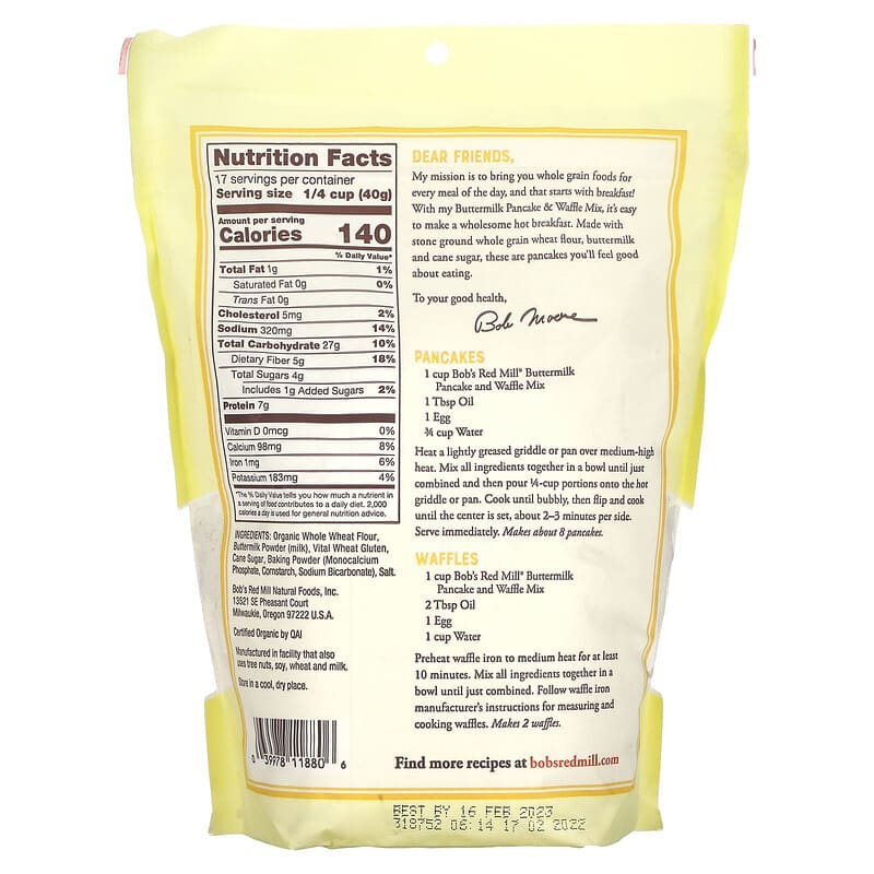 Bob's Red Mill, Buttermilk Pancake &amp; Waffle Mix, Whole Grain, 24 oz (680 g)