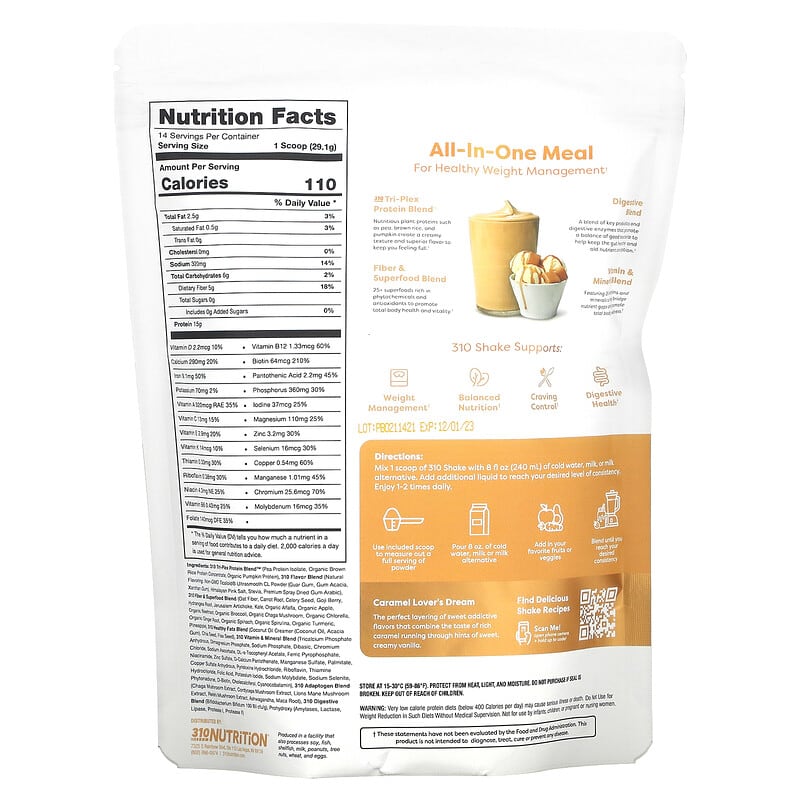 310 Nutrition, All-In-One Meal Shake, Caramel Sundae , 14.4 oz (407.4 g)