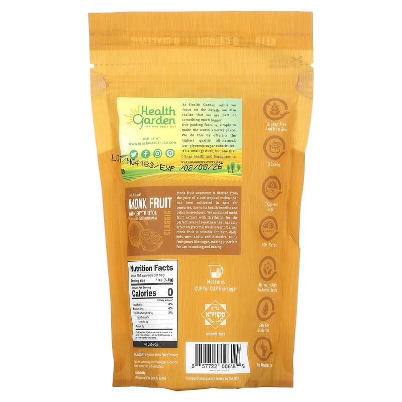 Health Garden, Monk Fruit with Erythritol, Classic, 1 lb (454 g)