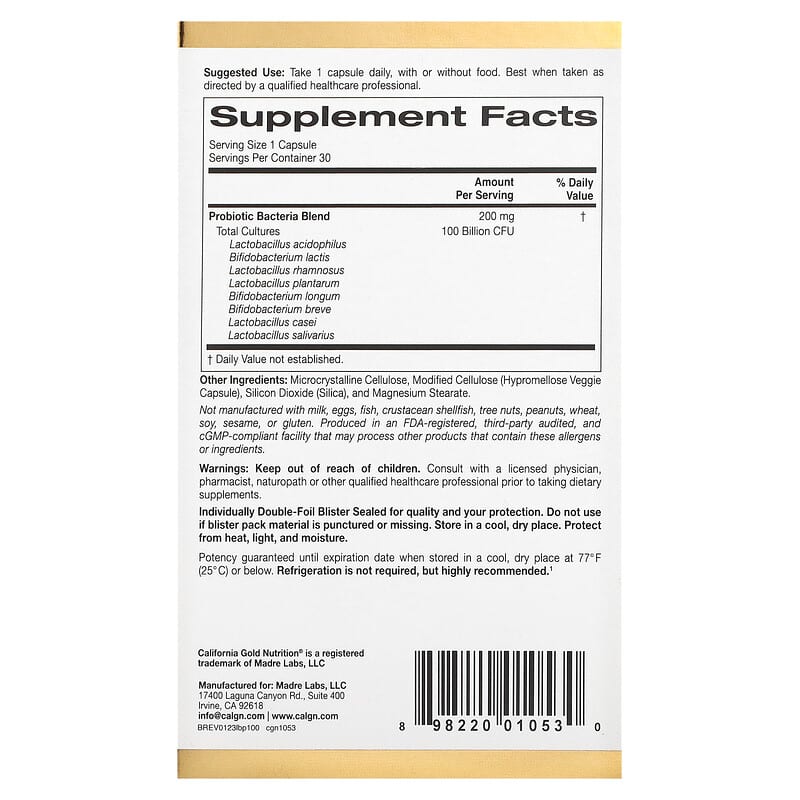 California Gold Nutrition, LactoBif® 100 Probiotics, 100 Billion CFU, 30 Veggie Capsules