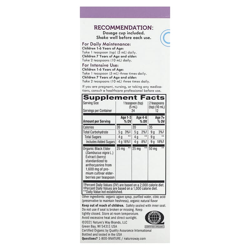 Nature's Way, Kids Sambucus®, Organic Traditional Immune Syrup, Ages 1+, 25 mg, 4 fl oz (120 ml)