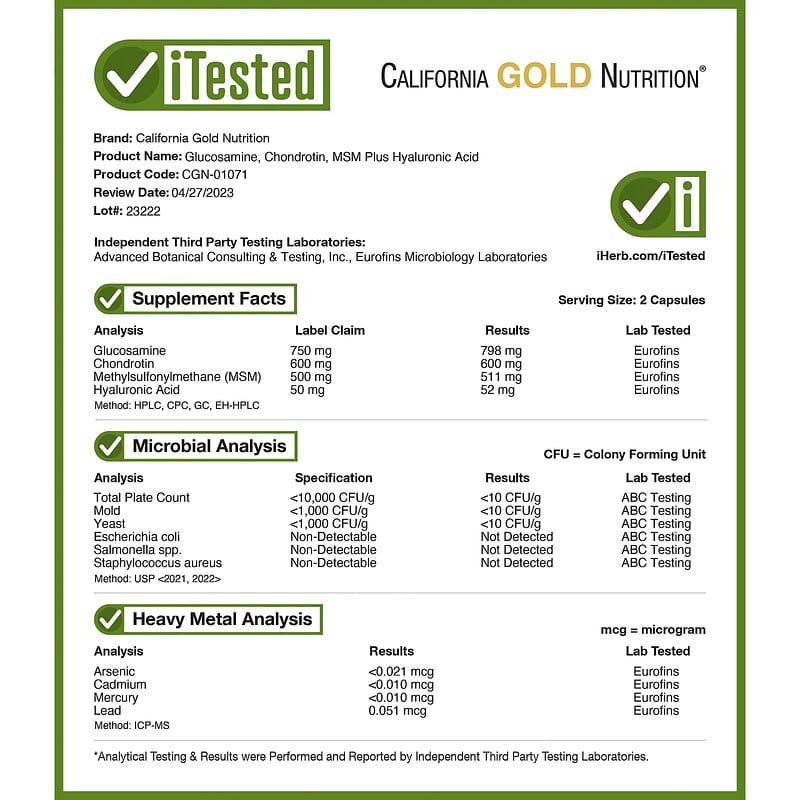 California Gold Nutrition, Glucosamine, Chondroitin, MSM Plus Hyaluronic Acid, 120 Veggie Caps