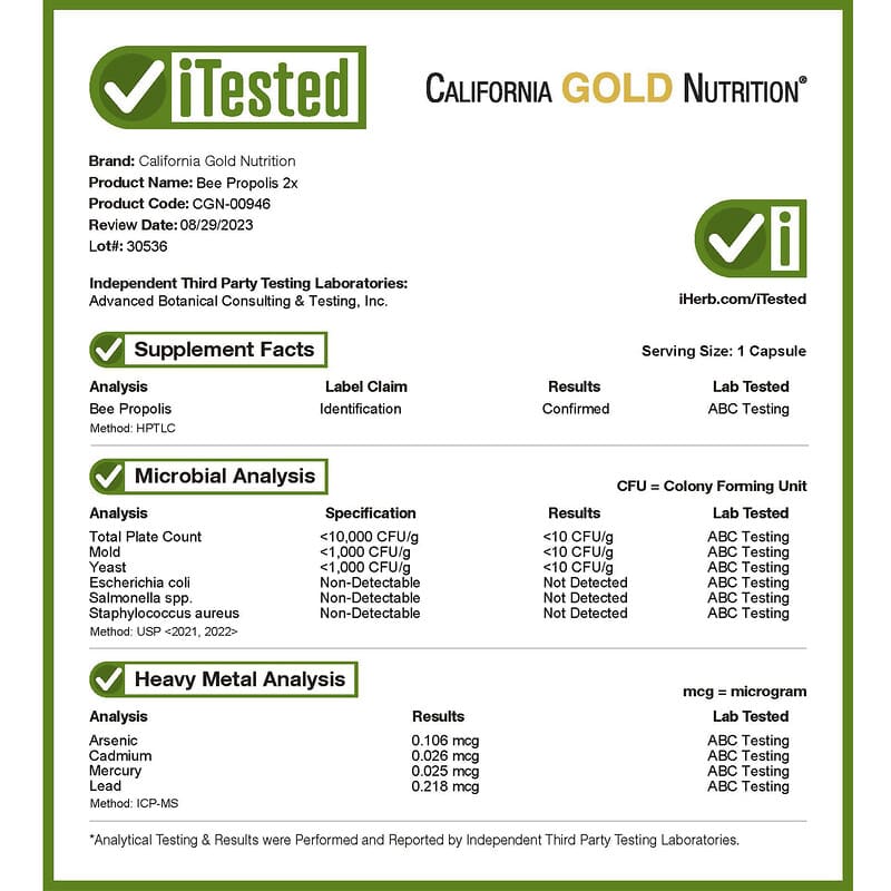 California Gold Nutrition, Bee Propolis 2X, Concentrated Extract, 500 mg, 240 Veggie Capsules
