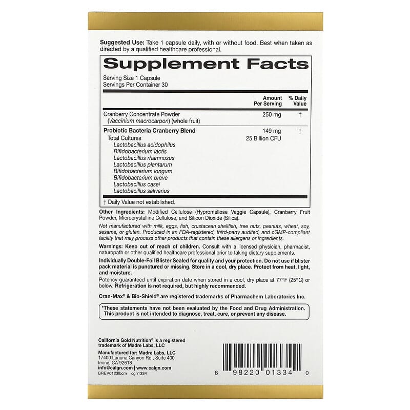 California Gold Nutrition, CranMax® LactoBif® Probiotics, 25 Billion CFU, 30 Veggie Capsules