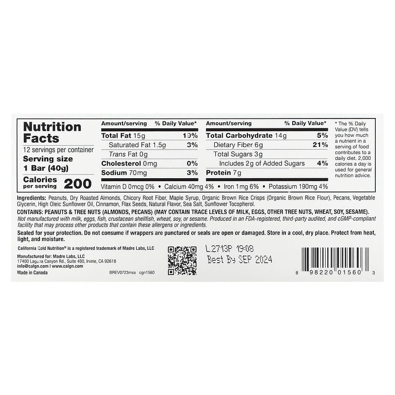 California Gold Nutrition, Foods, Maple Sea Salt Bars, 12 Bars, 1.4 oz (40 g) Each