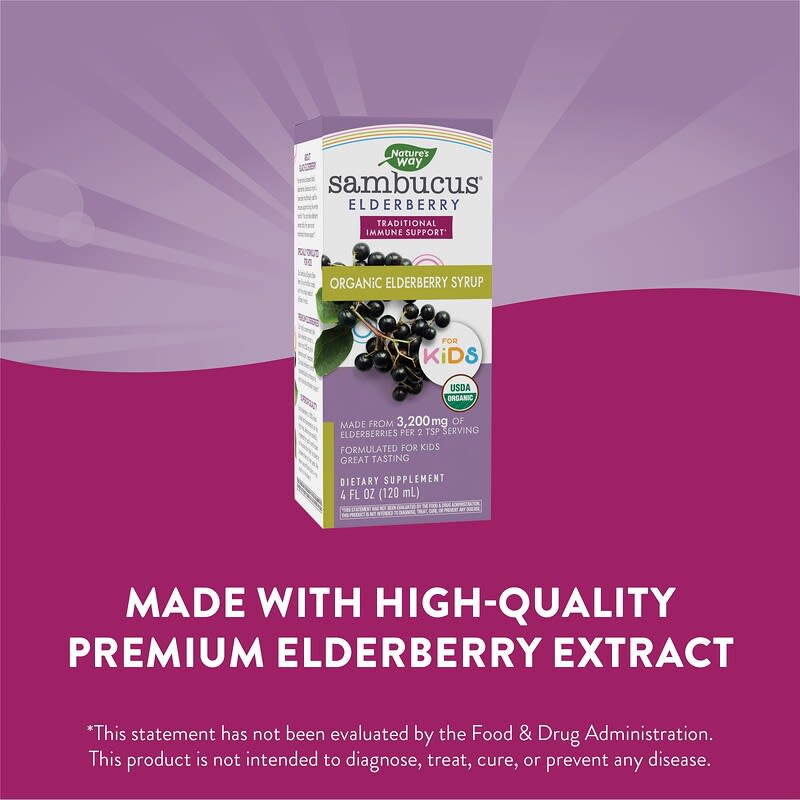Nature's Way, Kids Sambucus®, Organic Traditional Immune Syrup, Ages 1+, 25 mg, 4 fl oz (120 ml)