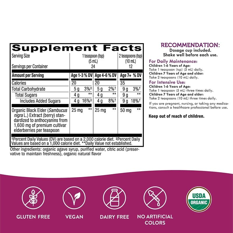 Nature's Way, Kids Sambucus®, Organic Traditional Immune Syrup, Ages 1+, 25 mg, 4 fl oz (120 ml)