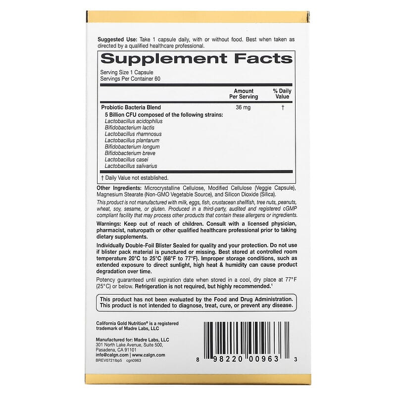 California Gold Nutrition, LactoBif® 5 Probiotics, 5 Billion CFU, 60 Veggie Capsules