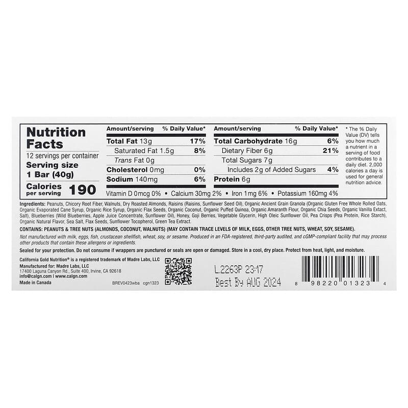California Gold Nutrition, Foods, Wild Blueberry &amp; Almond Chewy Granola Bars, 12 Bars, 1.4 oz (40 g) Each