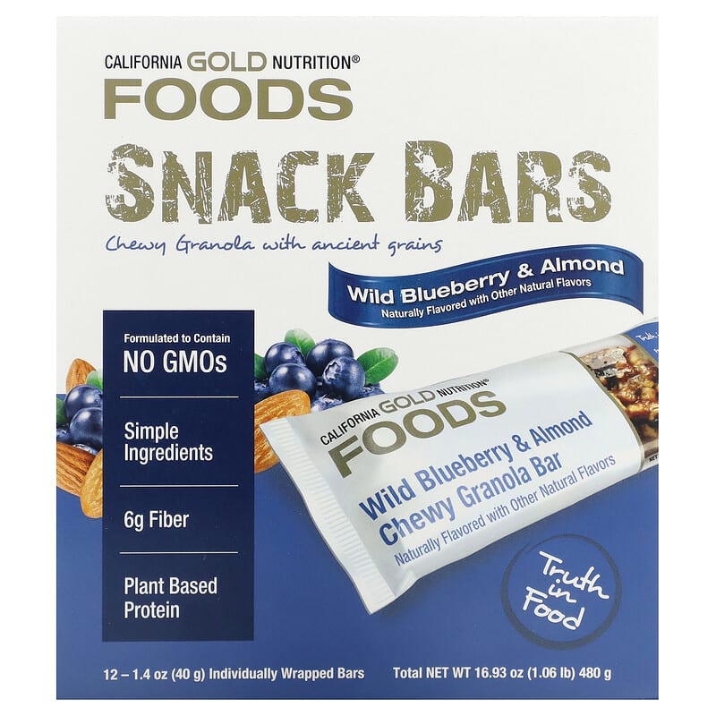 California Gold Nutrition, Foods, Wild Blueberry &amp; Almond Chewy Granola Bars, 12 Bars, 1.4 oz (40 g) Each