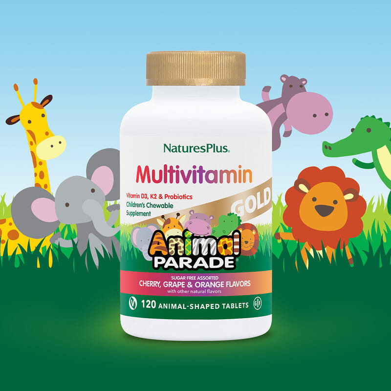 NaturesPlus, Animal Parade Gold®, Children's Chewable Multivitamin Supplement, Cherry, Grape &amp; Orange, 120 Animal-Shaped Tablets