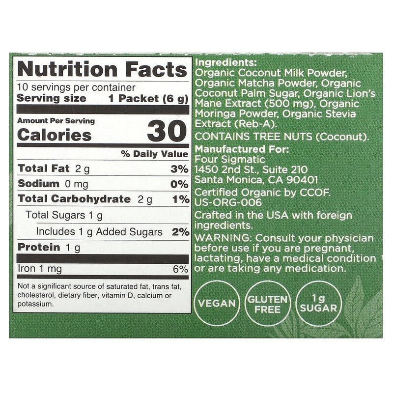 Four Sigmatic, Think, Organic Matcha Latte Mix with Lion's Mane Mushrooms, 10 Packets, 0.21 oz (6 g) Each