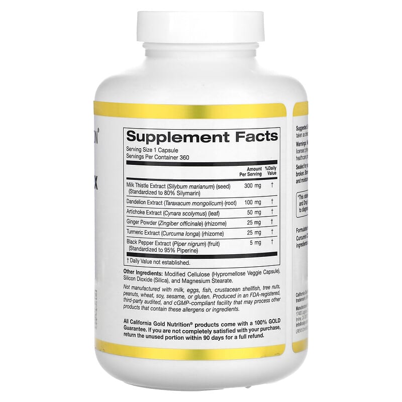 California Gold Nutrition, Silymarin Complex with Milk Thistle Extract Plus Dandelion, Artichoke, Ginger, and BioPerine®, 360 Veggie Capsules