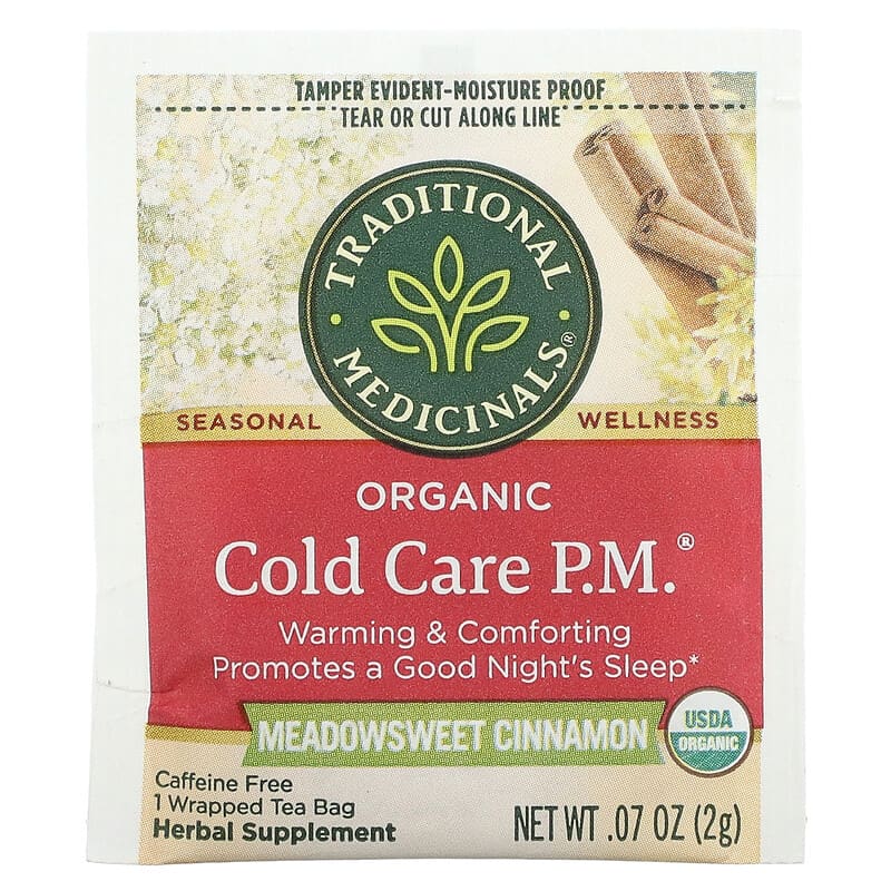 Traditional Medicinals, Organic Cold Care PM, Meadowsweet Cinnamon, Caffeine Free, 16 Wrapped Tea Bags, 1.13 oz (32 g)