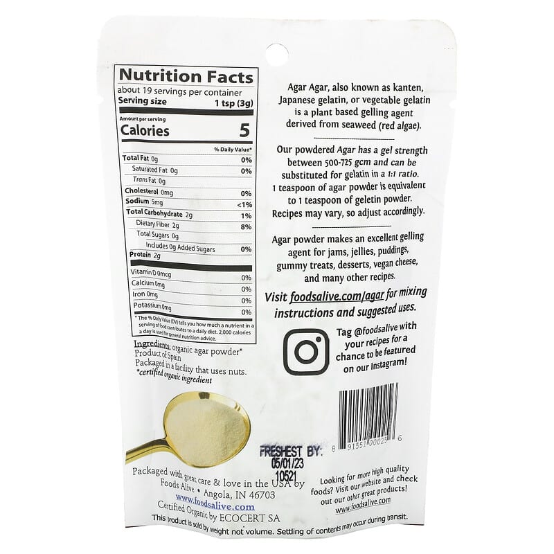Foods Alive, Agar Agar Powder, 2 oz (56 g)