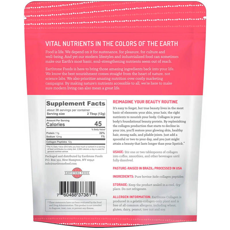 Earthtone Foods, Grass-Fed Collagen Peptides, 16 oz (454 g)