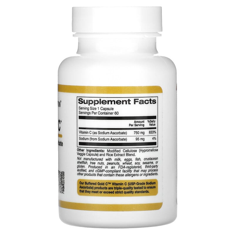 California Gold Nutrition, Buffered Gold C, GOLD Standard Sodium Ascorbate (Vitamin C), 750 mg, 60 Veggie Capsules