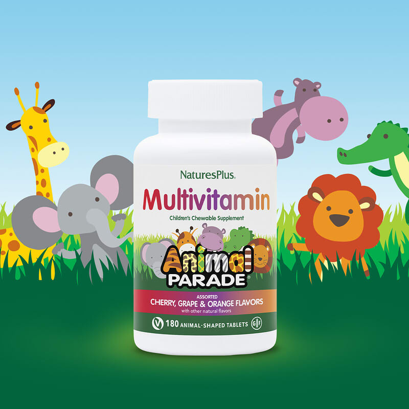 NaturesPlus, Animal Parade, Children's Chewable Multivitamin Supplement, Cherry, Grape & Orange, 180 Animal-Shaped Tablets