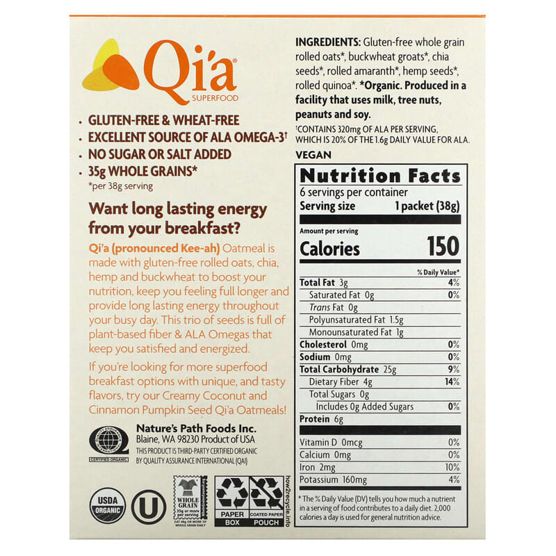 Nature's Path, Qi'a Superfood, Gluten Free Oatmeal, Superseeds & Grains, 6 Packets, 38 g Each