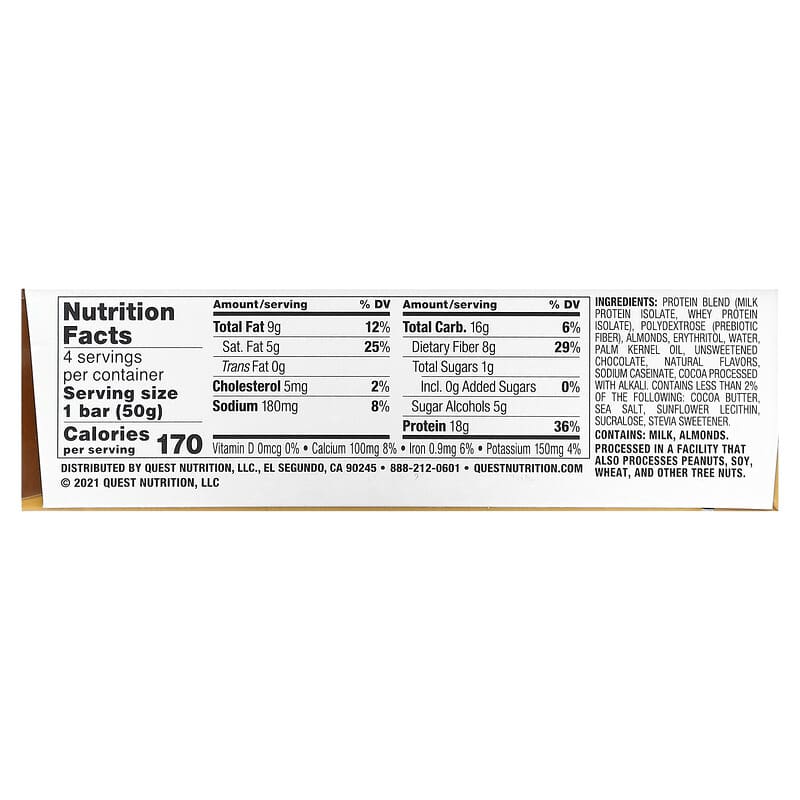 Quest Nutrition, Protein Bar, Chocolate Chip Cookie Dough, 4 Bars, 1.76 oz (50 g) Each