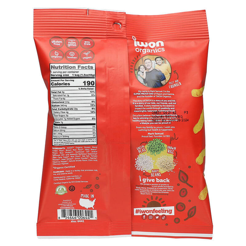 IWON Organics, Organics Protein Stix, Mesquite BBQ, 8 Bags, 1.5 oz (42 g) Each