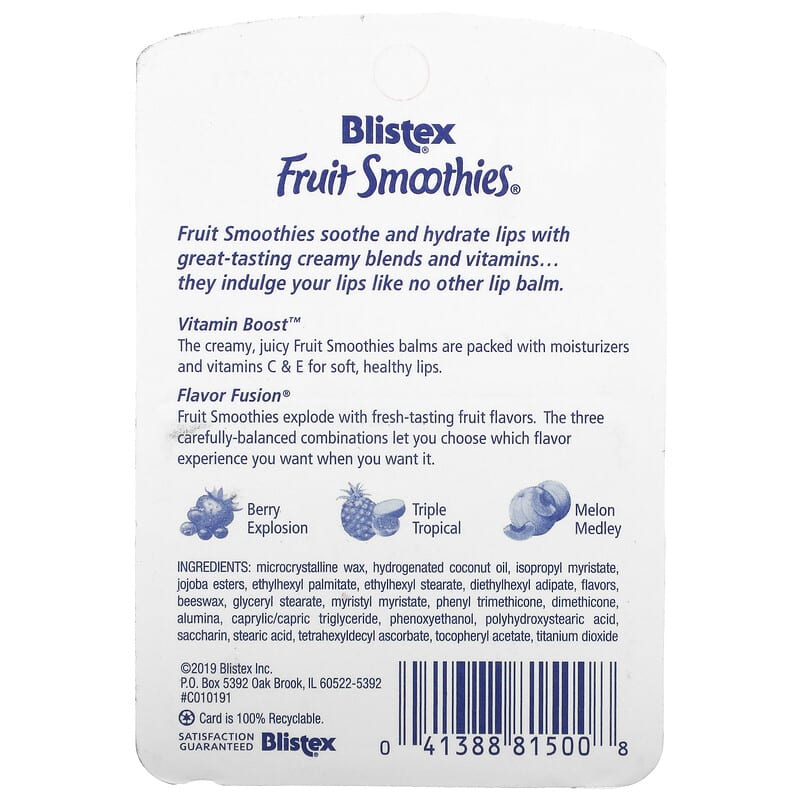 Blistex, Lip Moisturizer, Fruit Smoothies, 3 Sticks, 0.10 oz (2.83 g) Each