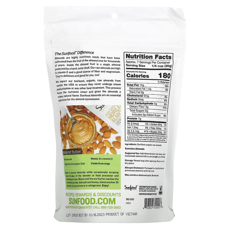 Sunfood, Raw Organic Heirloom Almonds, 8 oz (227 g)