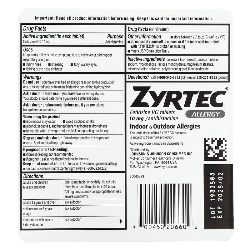 Zyrtec, Allergy, Cetirizine HCl, 10 mg, 60 Tablets