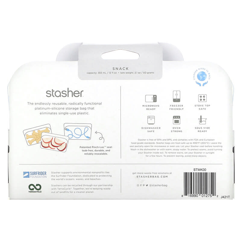 Stasher, Reusable Silicone Food Bag, Snack Size, Clear, 12 fl oz (355 ml)