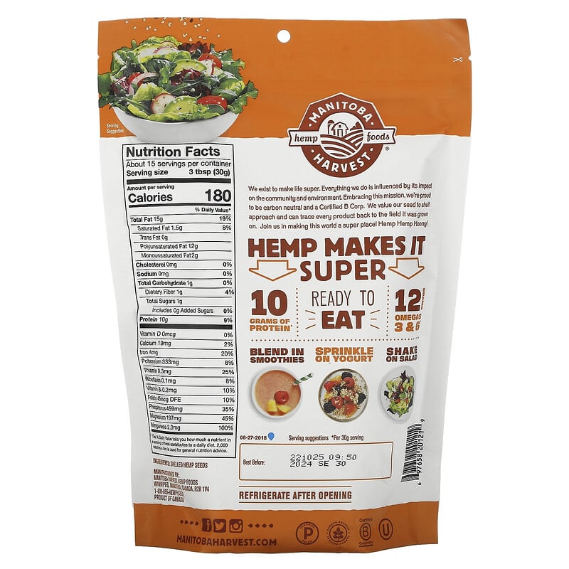 Manitoba Harvest, Hemp Hearts, Shelled Hemp Seeds, Delicious Nutty Flavor, 16 oz (454 g)