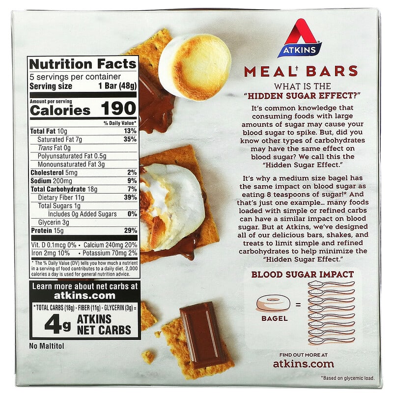 Atkins, Protein Meal Bar, S'mores Bar, 5 Bars, 1.69 oz (48 g) Each