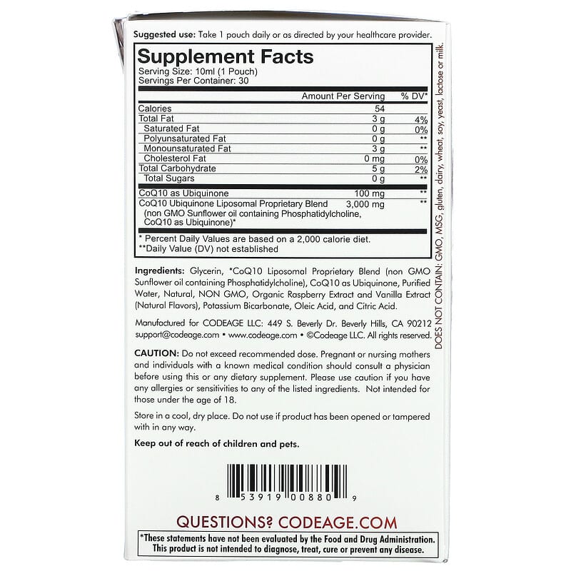 Codeage, Nanofood, Wonder Heart, Liposomal CoQ10, Raspberry, 30 Pouches, 0.3 fl oz (10 ml) Each