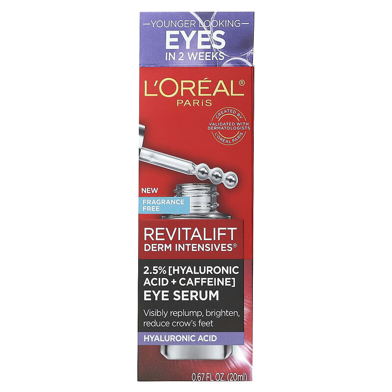 L'Oréal, Revitalift Derm Intensives, 2.5 % [Hyaluronic Acid + Caffeine] Eye Serum, Fragrance Free, 0.67 fl oz (20 ml)