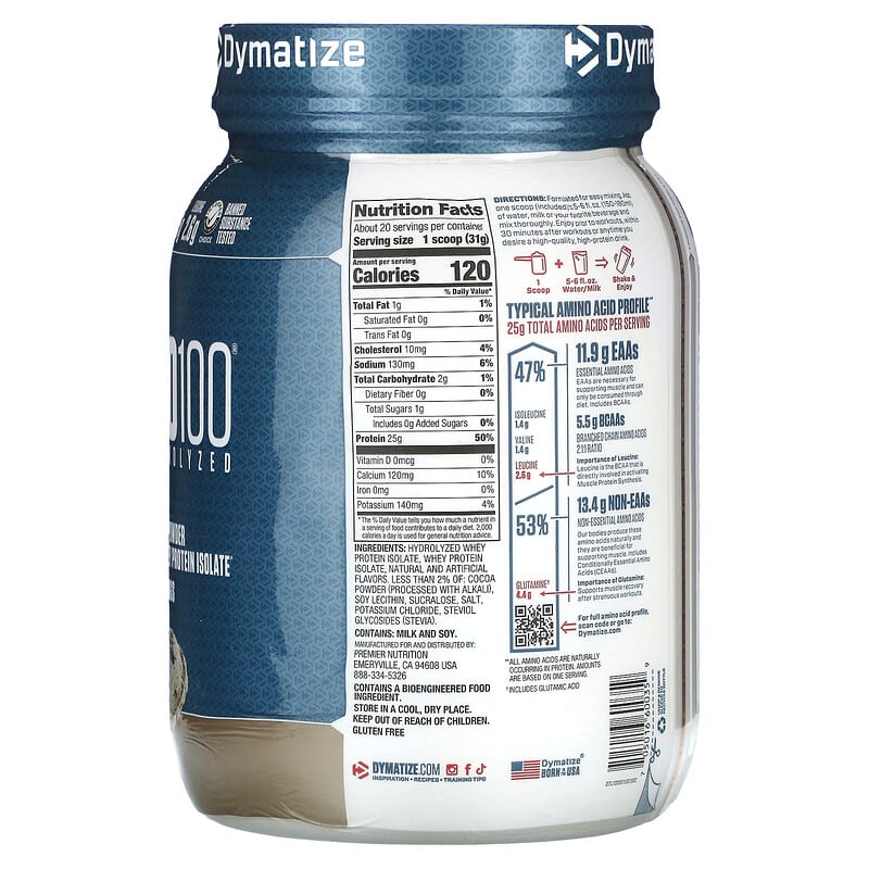 Dymatize, ISO100 Hydrolyzed, 100% Whey Protein Isolate, Cookies & Cream, 1.36 lb (620 g)