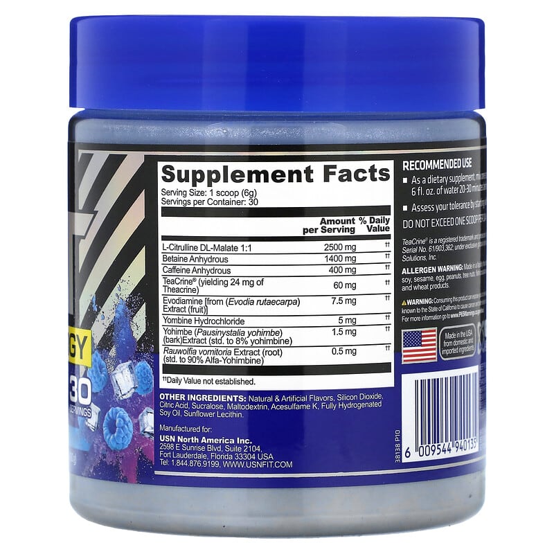 USN, 3XT Max Energy, High Stimulant & Thermogenic Pre-Workout, Blue Raspberry , 6.35 oz (180 g)