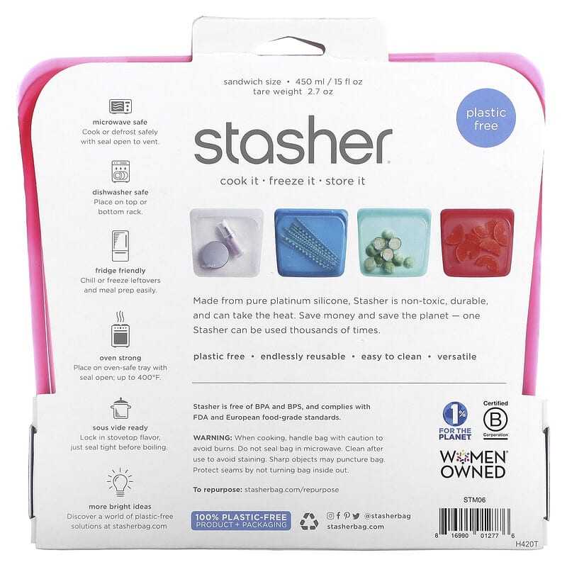 Stasher, Reusable Silicone Food Bag, Sandwich Size, Raspberry, 15 fl oz (450 ml)