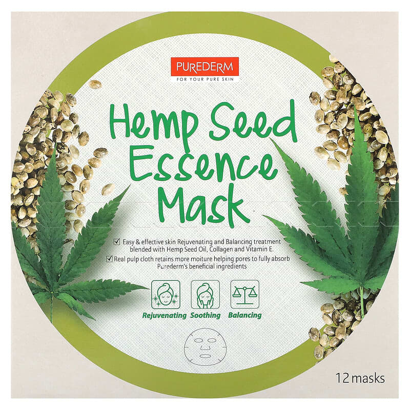 Purederm, Hemp Seed Essence Beauty Mask, 12 Sheets, 0.63 oz (18 g) Each