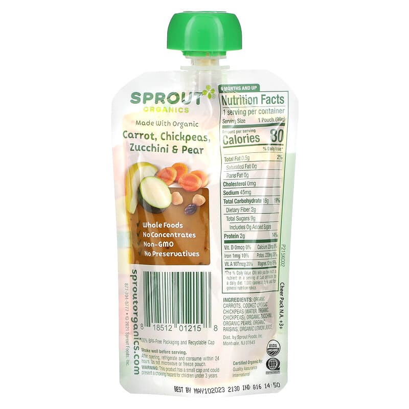 Sprout Organics, Baby Food, 6 Months & Up, Carrot, Chickpeas, Zucchini & Pear, 3.5 oz (99 g)