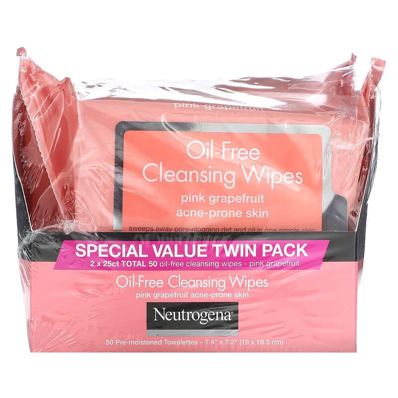 Neutrogena, Oil-Free Cleansing Wipes, Pink Grapefruit, 2 Packs, 25 Pre-Moistened Towelettes Each