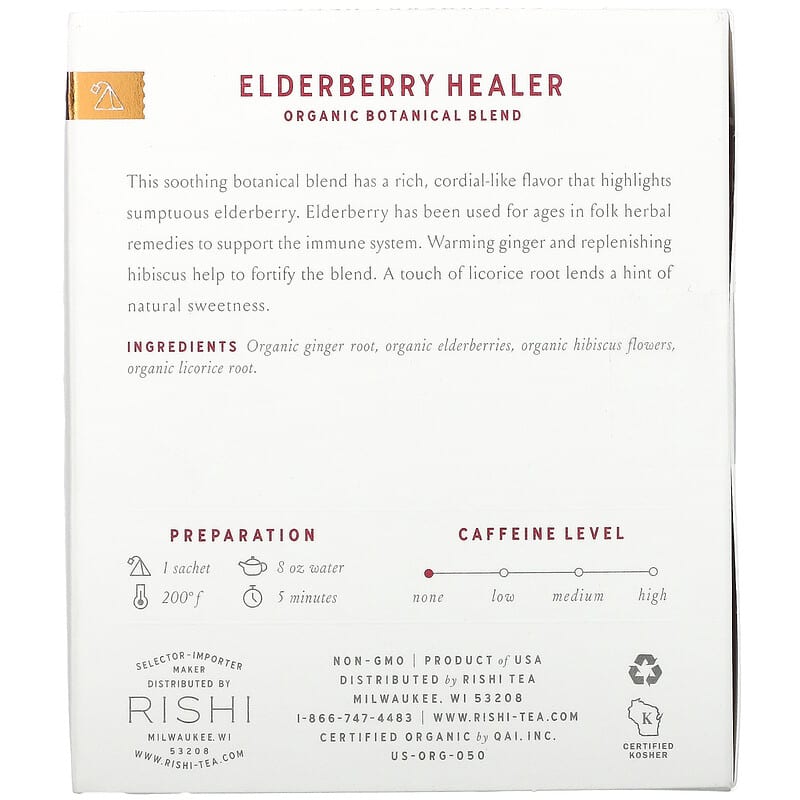 Rishi Tea, Elderberry Healer, Caffeine-Free, 15 Sachets, 2.11 oz (60 g)