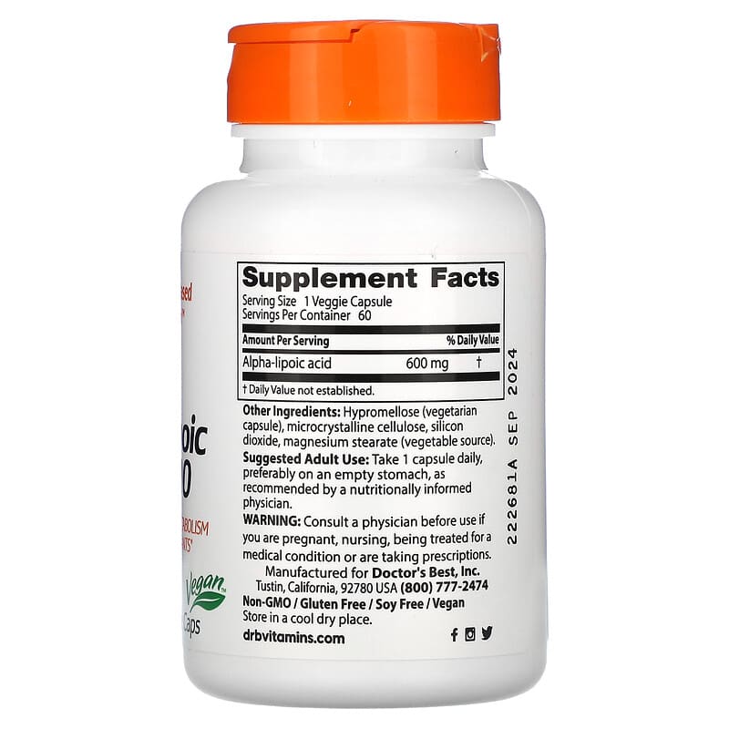 Doctor's Best, Alpha-Lipoic Acid 600, 600 mg, 60 Veggie Caps