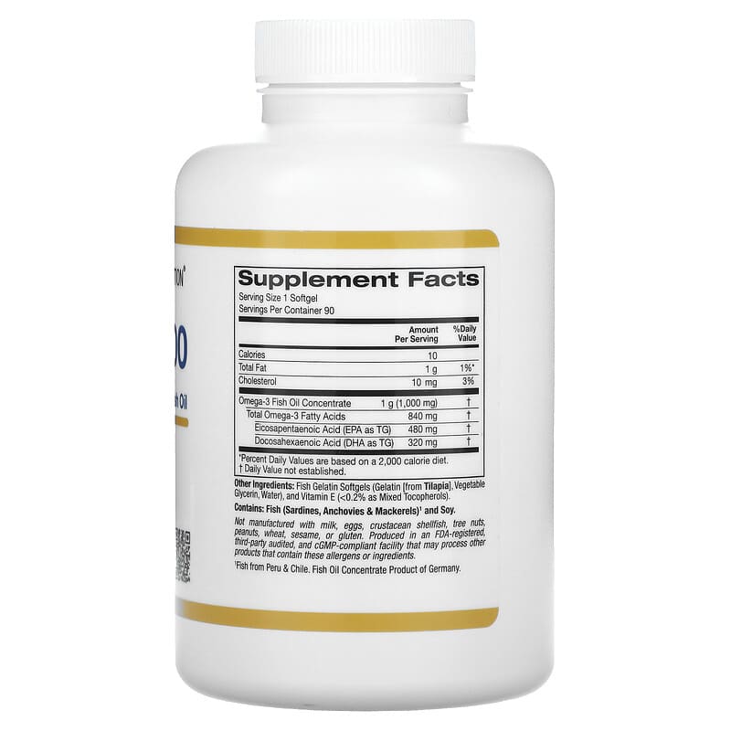 California Gold Nutrition, Omega 800 Pharmaceutical Grade Fish Oil, 80% EPA/DHA, Triglyceride Form, 1,000 mg, 90 Fish Gelatin Softgels
