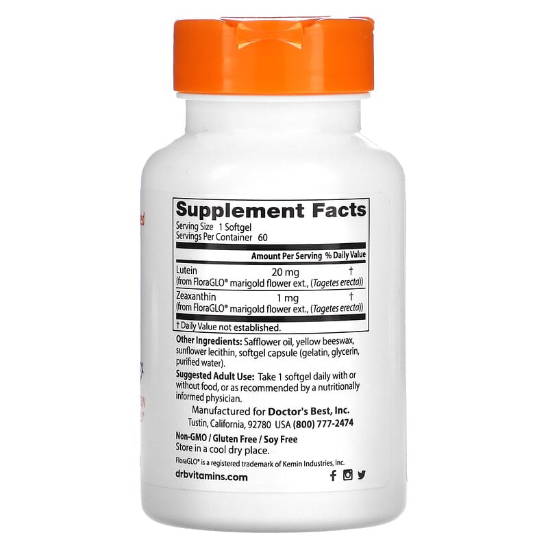 Doctor's Best, Lutein with FloraGlo Lutein, 20 mg, 60 Softgels